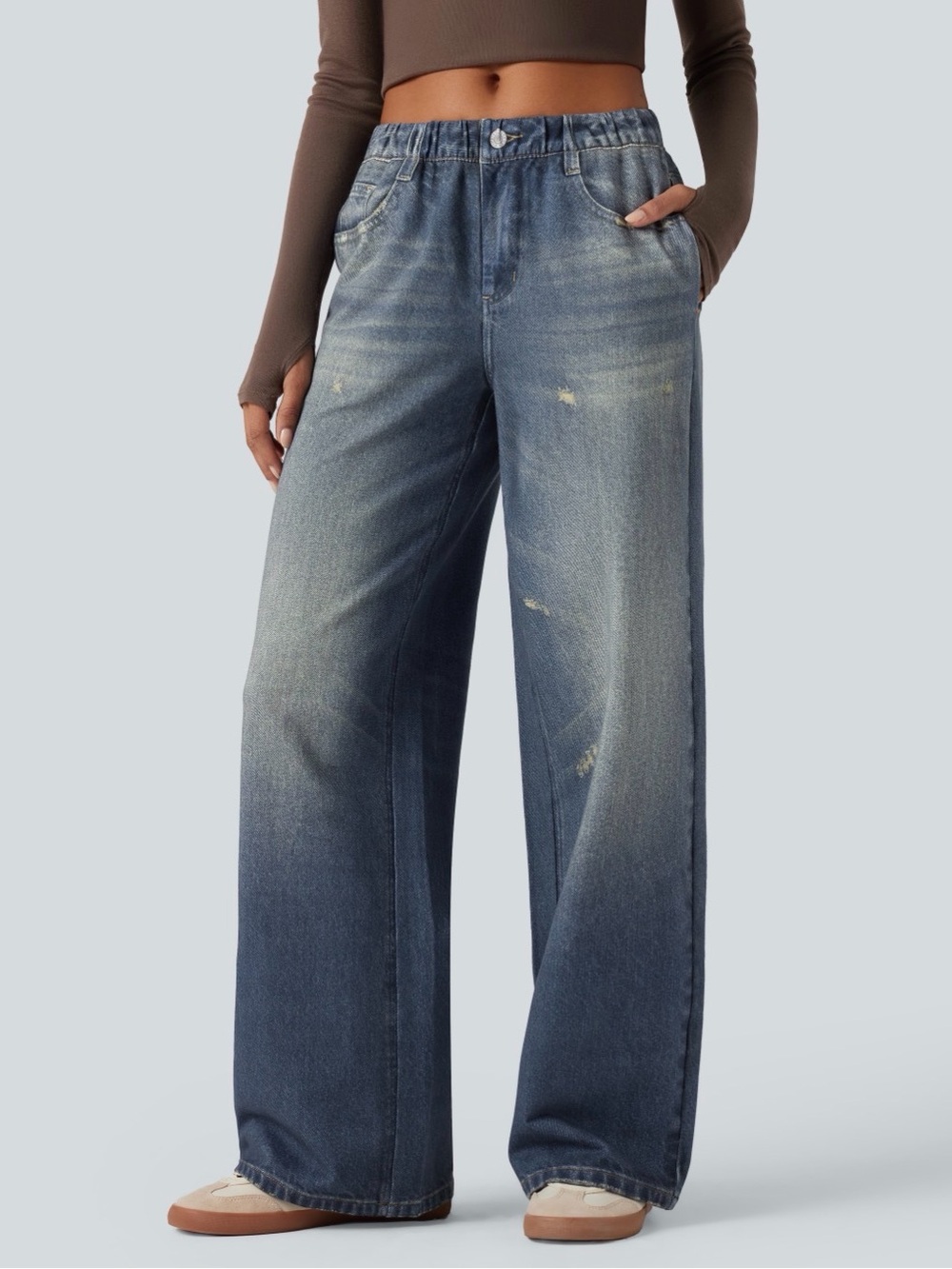 Halara Mid Rise Denim Print French Terry Casual Sweatpants Jeans with Pockets